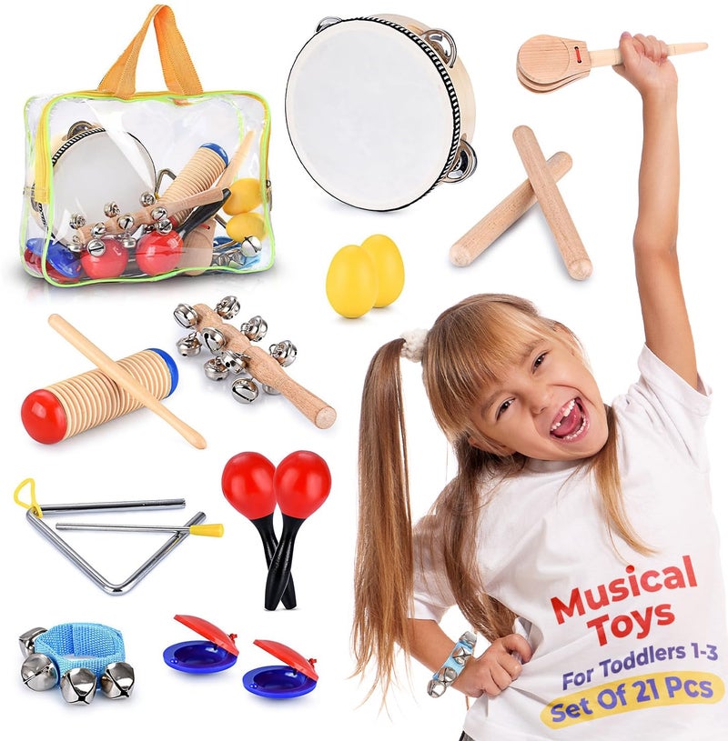 briteNway Toddler Educational & Musical Percussion for Kids & Children Instruments Set 21 Pcs â€“ with Tambourine, Maracas, Castanets & More â€“ Promote Fine Motor Skills, Enhance Hand to Eye Coordination, - Image 1