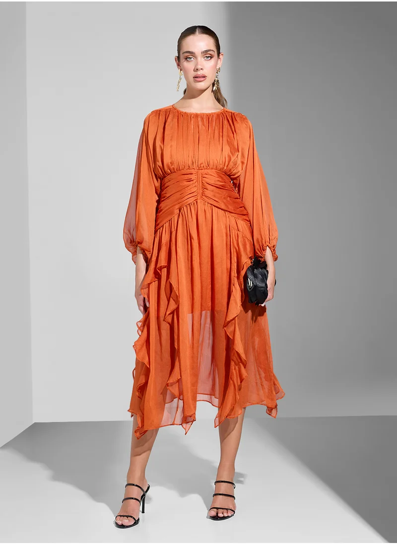 Ginger Boutique Ruched A Line Dress With Frill Detail