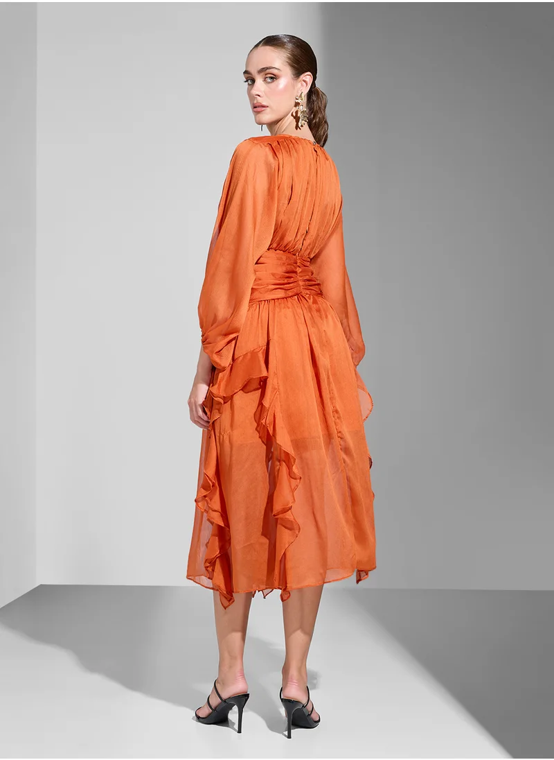 Ginger Boutique Ruched A Line Dress With Frill Detail