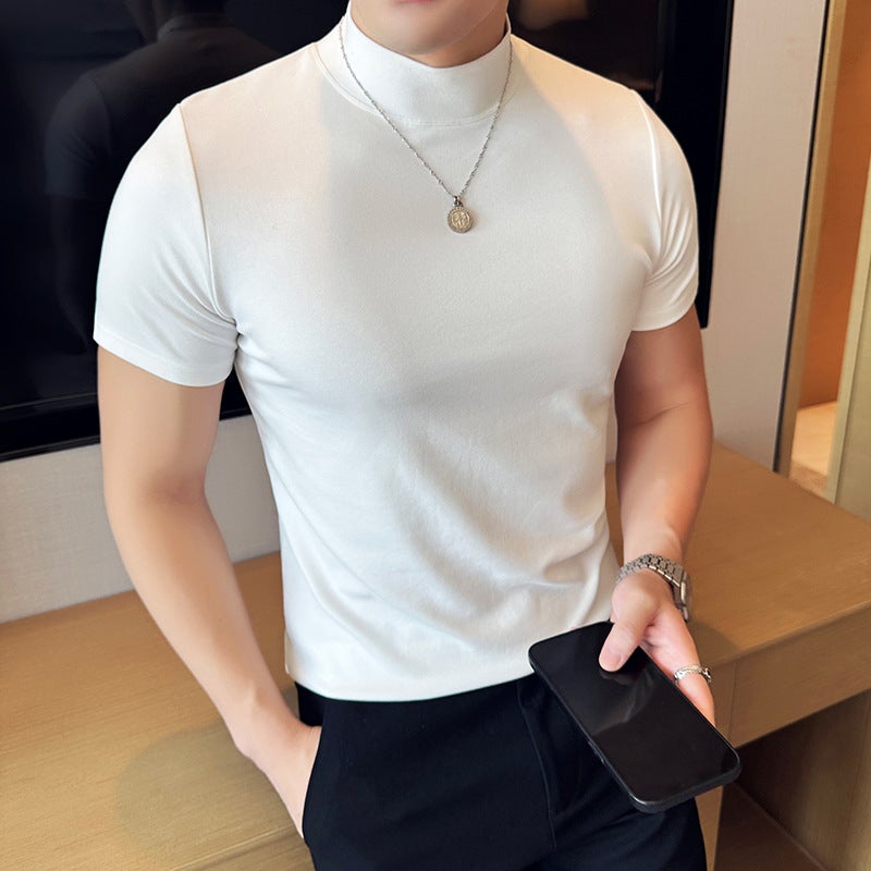 A Generation Of Early Autumn New Men'S High Sense Semi-High Collar Stretch T-Shirt Youth Slim Short Sleeve Powder T-Shirt