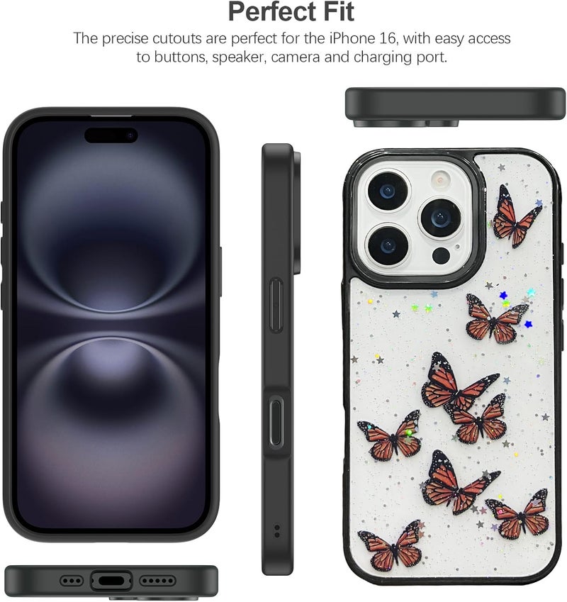 VONZEE for iPhone 16 Pro Max Clear Glitter Butterfly Case, Cute Bling Sparkle Shiny Soft TPU Bumper Shockproof Women Girls Slim Protective Phone Cover for iPhone 16 Pro Max 6.9",Black - Image 3