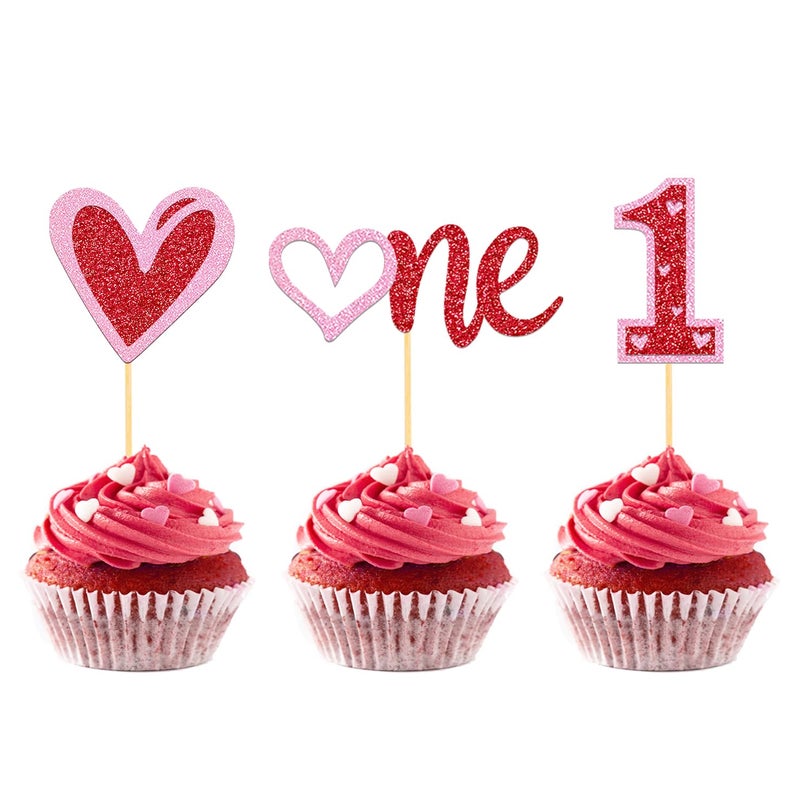 Moitkptt 24Pcs Valentine's Day1st Birthday Cupcake Toppers  Sweet Love Theme One Cake Topper for Valentine's Day 1st Birthday Decorations Baby Shower Cake Decorations (1st birthday) - Image 1