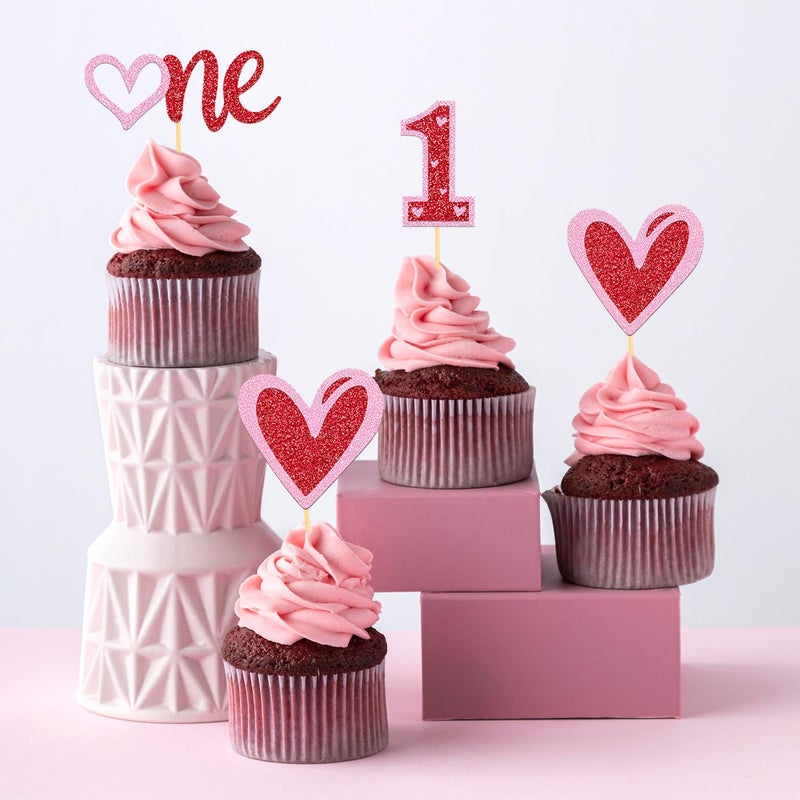 Moitkptt 24Pcs Valentine's Day1st Birthday Cupcake Toppers  Sweet Love Theme One Cake Topper for Valentine's Day 1st Birthday Decorations Baby Shower Cake Decorations (1st birthday) - Image 3