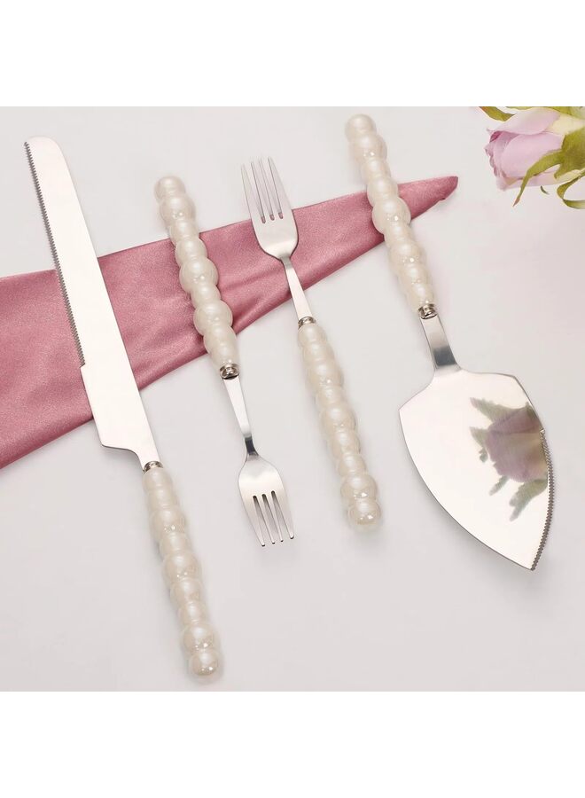 يُسلِّم طقم سكاكين ومقدمات كعكة الزفاف اللؤلؤية مع شوك، طقم تقطيع كعكة بحواف مسننة من الفولاذ المقاوم للصدأ، قطاعة فطيرة فضية وملعقة بيتزا، هدية لحفلات الزفاف والخطوبة - Image 1