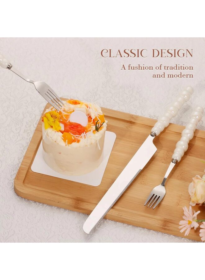 يُسلِّم طقم سكاكين ومقدمات كعكة الزفاف اللؤلؤية مع شوك، طقم تقطيع كعكة بحواف مسننة من الفولاذ المقاوم للصدأ، قطاعة فطيرة فضية وملعقة بيتزا، هدية لحفلات الزفاف والخطوبة - Image 4