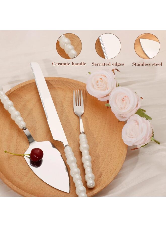 يُسلِّم طقم سكاكين ومقدمات كعكة الزفاف اللؤلؤية مع شوك، طقم تقطيع كعكة بحواف مسننة من الفولاذ المقاوم للصدأ، قطاعة فطيرة فضية وملعقة بيتزا، هدية لحفلات الزفاف والخطوبة - Image 5