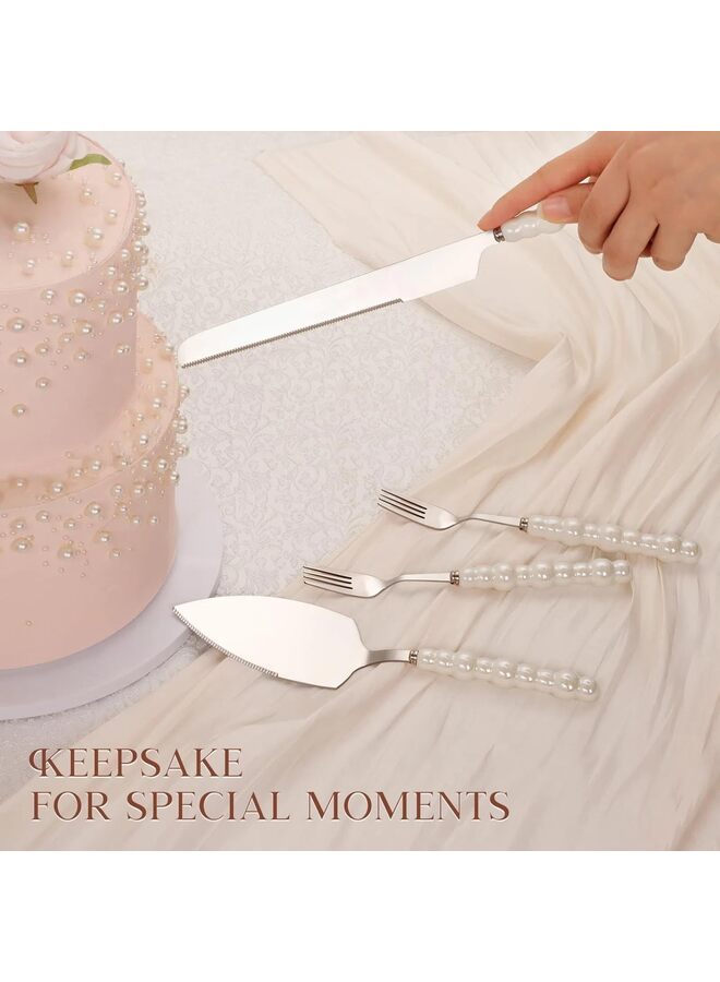يُسلِّم طقم سكاكين ومقدمات كعكة الزفاف اللؤلؤية مع شوك، طقم تقطيع كعكة بحواف مسننة من الفولاذ المقاوم للصدأ، قطاعة فطيرة فضية وملعقة بيتزا، هدية لحفلات الزفاف والخطوبة - Image 3