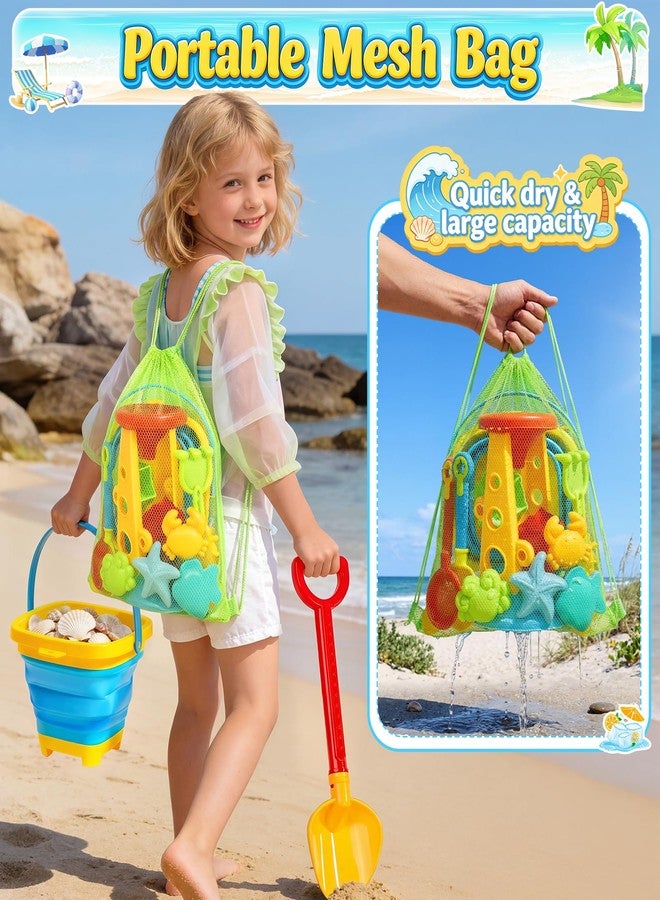 STOPKLAS Collapsible Beach Sand Toys for Kids Toddlers, Collapsible Sand Bucket with Water Wheel Sifter Shovels Set with Mesh Bag and Sand Molds, Travel Beach Sandbox Toys for Boys Girls 3 4 5 6 7 8 9 10+ - Image 3