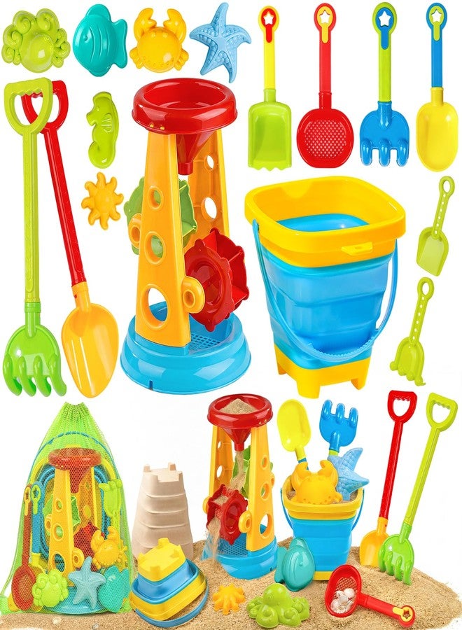STOPKLAS Collapsible Beach Sand Toys for Kids Toddlers, Collapsible Sand Bucket with Water Wheel Sifter Shovels Set with Mesh Bag and Sand Molds, Travel Beach Sandbox Toys for Boys Girls 3 4 5 6 7 8 9 10+ - Image 1