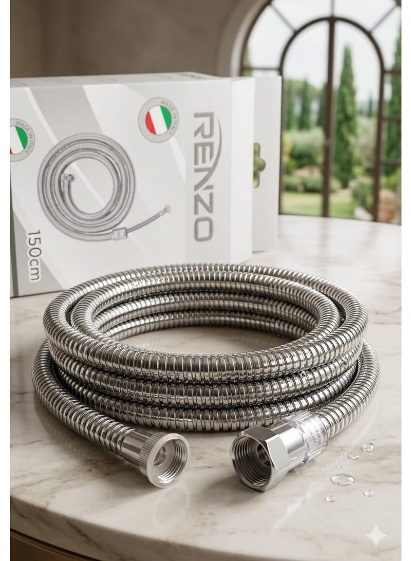 RENZO Premium Flexible Hose (150cm, 1/2" Universal Standard Fitting) | Made in Italy High-Pressure Stainless Steel Interlock Shower & Shattaf Hose Pipe - Image 2