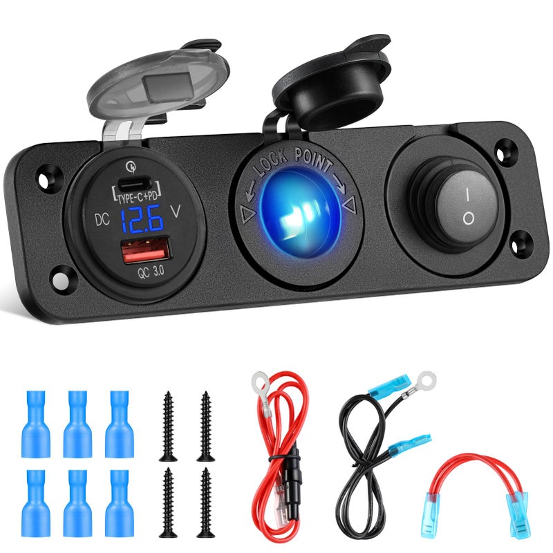 Kohree 3 in 1 Cigarette Lighter Socket 12V Outlet USB QC30 PD Type C 30 Dual Fast Charging Ports Adapter 200W Marine Switch Panel Waterproof Cigarette Lighter Replacement for Cars Boats ATV
