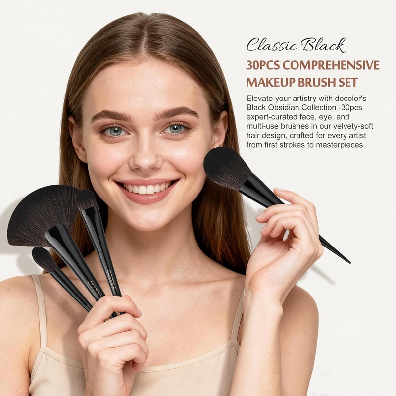 docolor Makeup Brushes 30 Pieces Professional Makeup Brush Set Premium Synthetic Hair Kabuki Face Blush Eyeshadow Foundation Powder Cosmetic Make Up Brush Kit, Black Obsidian Series - Image 2