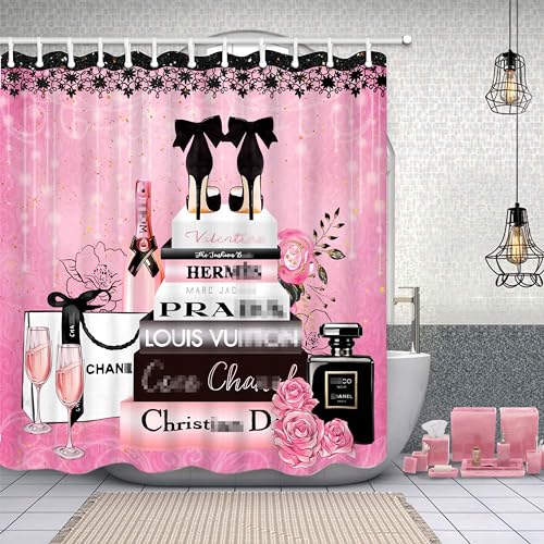 Bkyedsa Fashion Luxury Girly Shower Curtain Pink Floral Black Perfume Shower Curtains Waterproof Polyester Fabric Shower Curtains for Bathroom Decor with 12 Hooks, 72 x 72 Inches - Image 1