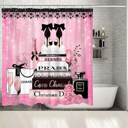 Bkyedsa Fashion Luxury Girly Shower Curtain Pink Floral Black Perfume Shower Curtains Waterproof Polyester Fabric Shower Curtains for Bathroom Decor with 12 Hooks, 72 x 72 Inches - Image 2