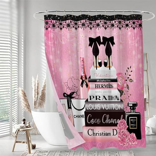 Bkyedsa Fashion Luxury Girly Shower Curtain Pink Floral Black Perfume Shower Curtains Waterproof Polyester Fabric Shower Curtains for Bathroom Decor with 12 Hooks, 72 x 72 Inches - Image 3