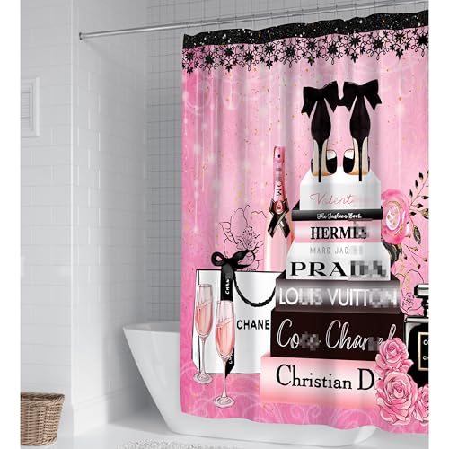 Bkyedsa Fashion Luxury Girly Shower Curtain Pink Floral Black Perfume Shower Curtains Waterproof Polyester Fabric Shower Curtains for Bathroom Decor with 12 Hooks, 72 x 72 Inches - Image 4