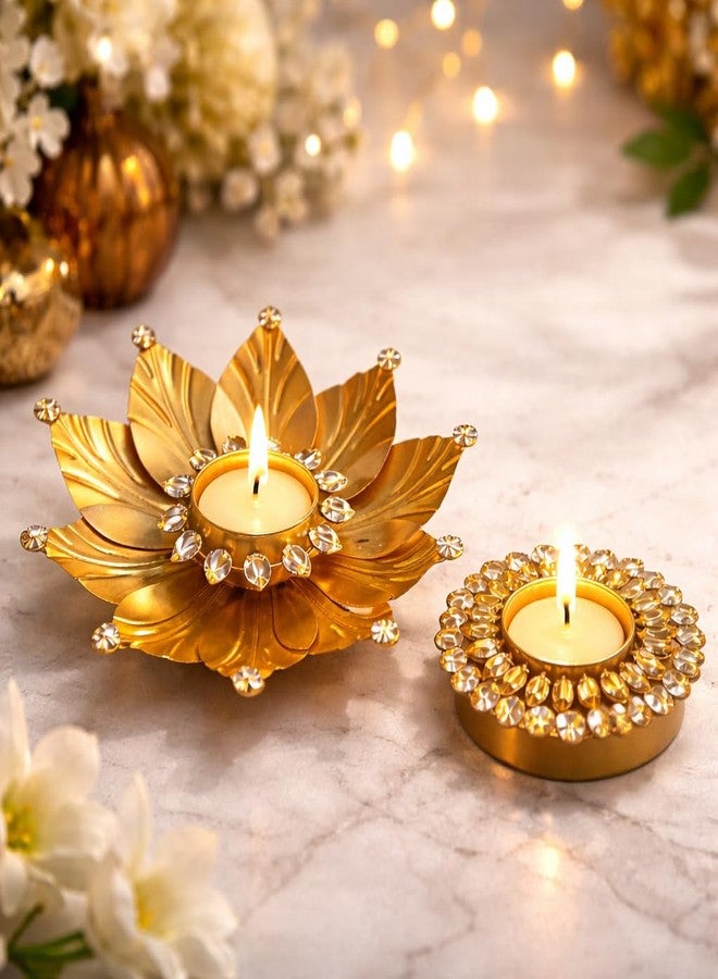 AGAAS ENTERPRISES Crystal Lotus Tealight Candle Holder Set of 2 (Lotus + Round) | Brushed Aluminium Gold Diya Stand | Pooja Room, Table Decor | Festive Centerpiece | Diwali Wedding Housewarming Gift - Image 1