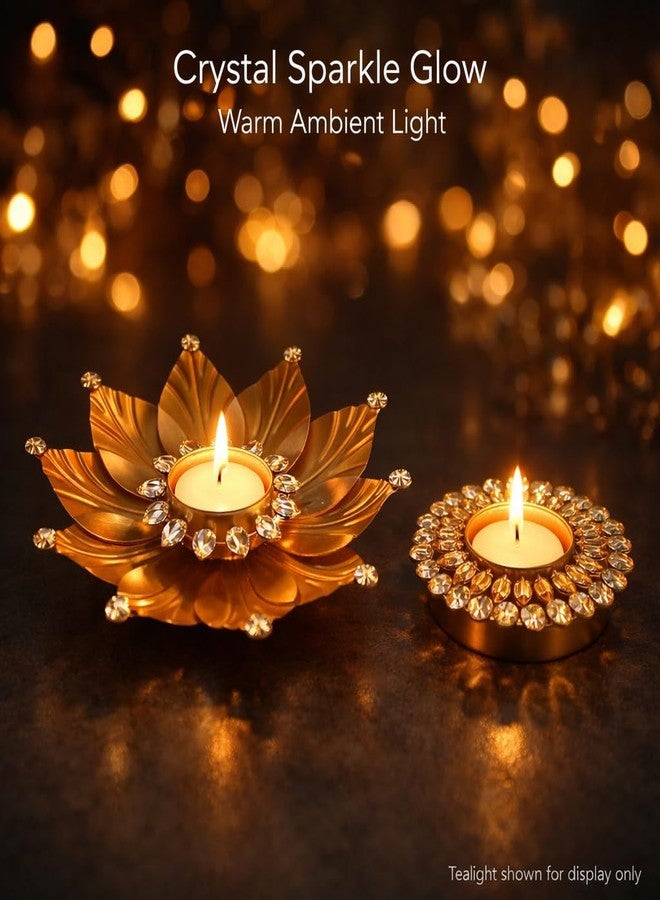 AGAAS ENTERPRISES Crystal Lotus Tealight Candle Holder Set of 2 (Lotus + Round) | Brushed Aluminium Gold Diya Stand | Pooja Room, Table Decor | Festive Centerpiece | Diwali Wedding Housewarming Gift - Image 2