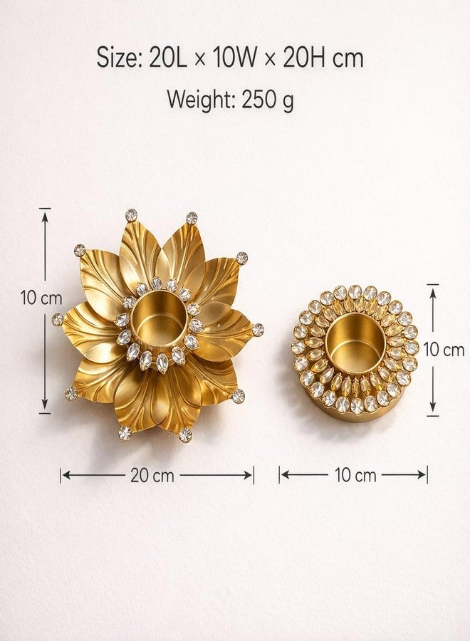 AGAAS ENTERPRISES Crystal Lotus Tealight Candle Holder Set of 2 (Lotus + Round) | Brushed Aluminium Gold Diya Stand | Pooja Room, Table Decor | Festive Centerpiece | Diwali Wedding Housewarming Gift - Image 3