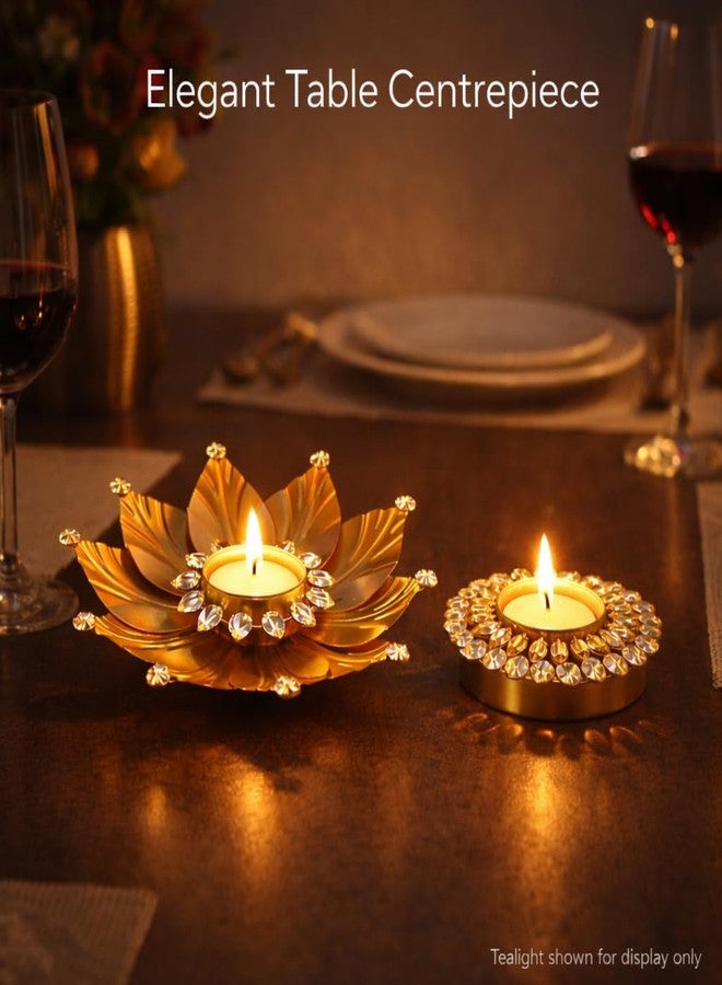 AGAAS ENTERPRISES Crystal Lotus Tealight Candle Holder Set of 2 (Lotus + Round) | Brushed Aluminium Gold Diya Stand | Pooja Room, Table Decor | Festive Centerpiece | Diwali Wedding Housewarming Gift - Image 5