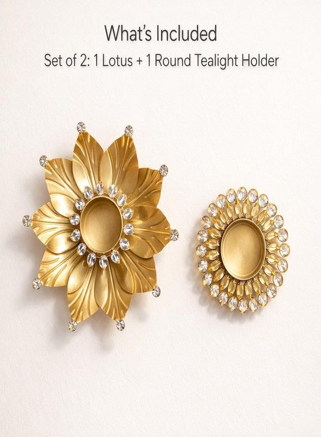 AGAAS ENTERPRISES Crystal Lotus Tealight Candle Holder Set of 2 (Lotus + Round) | Brushed Aluminium Gold Diya Stand | Pooja Room, Table Decor | Festive Centerpiece | Diwali Wedding Housewarming Gift - Image 4