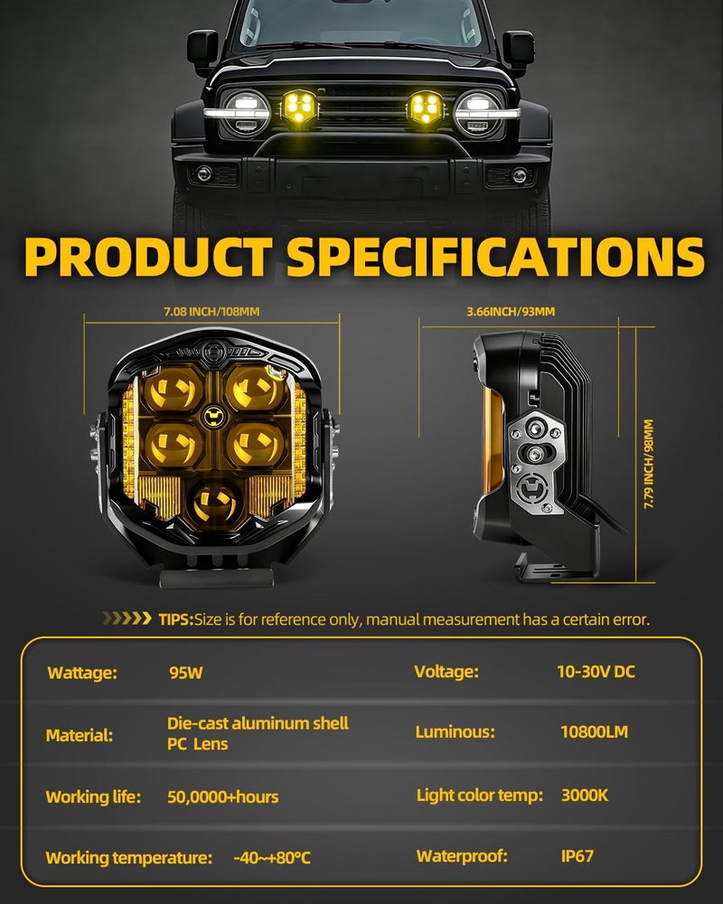 NKCELL POWER 7 Inch LED Offroad Driving Light with Amber DRL, 95W 10800LM Side Shooter Combo Beam Pods, Bumper Fog Work Light for Jeep Truck Pickup SUV UTV (Single 1PC, No Harness) - Image 4