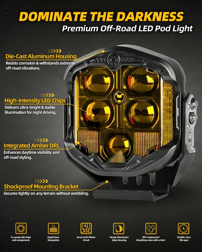 NKCELL POWER 7 Inch LED Offroad Driving Light with Amber DRL, 95W 10800LM Side Shooter Combo Beam Pods, Bumper Fog Work Light for Jeep Truck Pickup SUV UTV (Single 1PC, No Harness) - Image 5