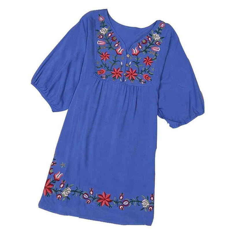 Kafeimali Summer Dress V Neck Mexican Embroidered Peasant Women's Dressy Tops Blouses (Blue) - Image 5