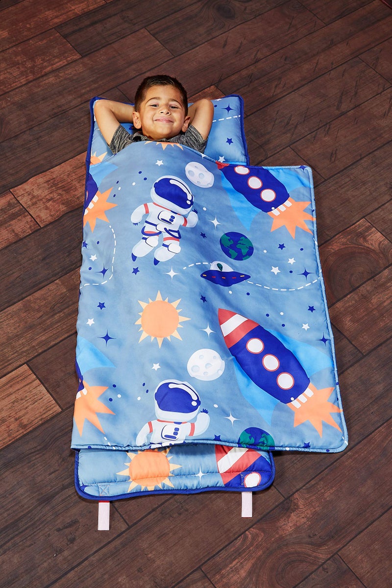 EVERYDAY KIDS EVERYDAY KIDS Nap Mat wRemovable Pillow Outer Space Adventures Carry Handle with Straps Closure Rollup Design Soft Microfiber for Preschool Daycare Travel Sleeping Bag  Ages 36 Years 