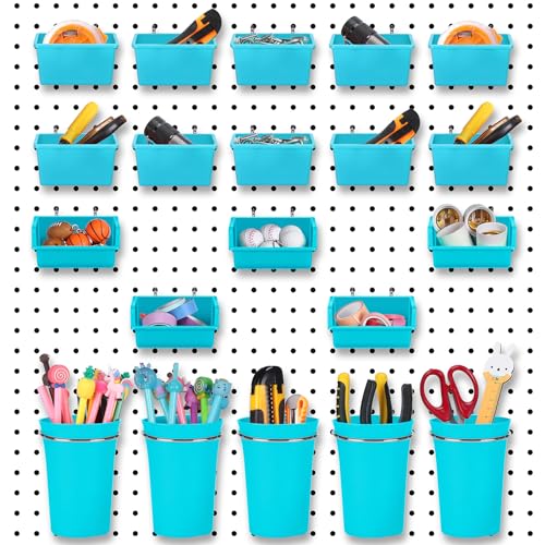 Yookeer 20 Pcs Pegboard Bins and Cups with Hooks and Loops Peg Assortment Organizer Accessories Various Tool Organizer Pegboard Baskets Set for Garage Workshop Workbench OfficeBlue - Image 1