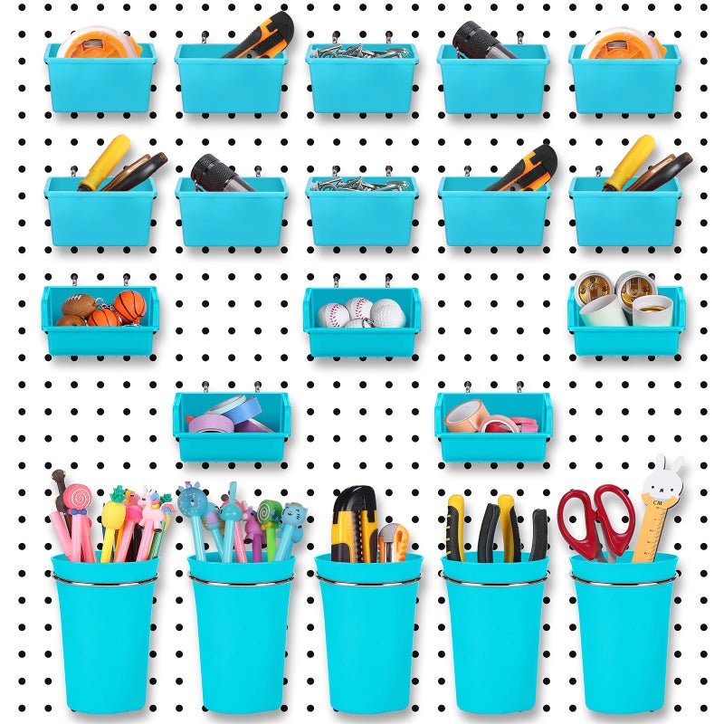 Yookeer 20 Pcs Pegboard Bins and Cups with Hooks and Loops Peg Assortment Organizer Accessories Various Tool Organizer Pegboard Baskets Set for Garage Workshop Workbench OfficeBlue - Image 2