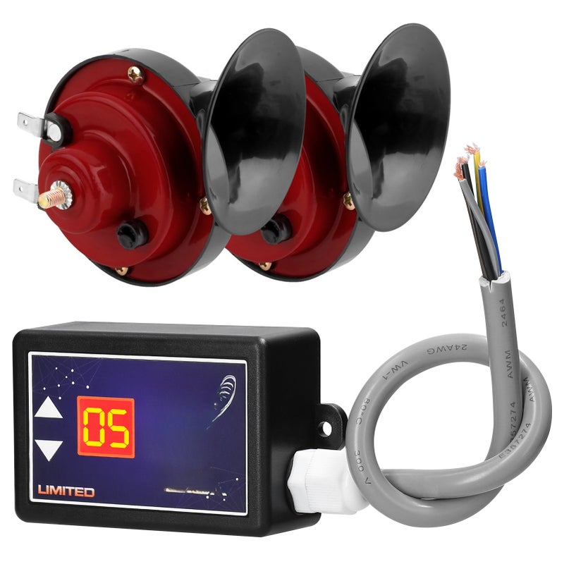 15-Tone Car Horn Controller Electric Horn Speaker Sound Control Unit with Digital Display & Pair of Double Tone Horns 12-24V for Car Truck Marine Boat - Image 1