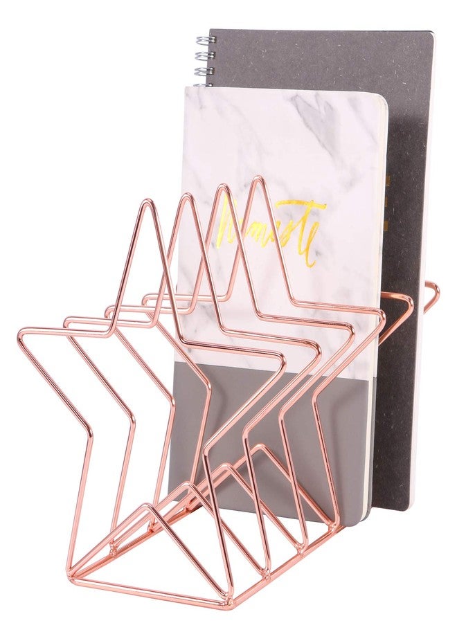 Simmer Stone Magazine Holder File Sorter, Metal 5 Slot Desk Organizer Rack for Document, Folder, Letter and Book, Rose Gold, Pentastar Shape - Image 1