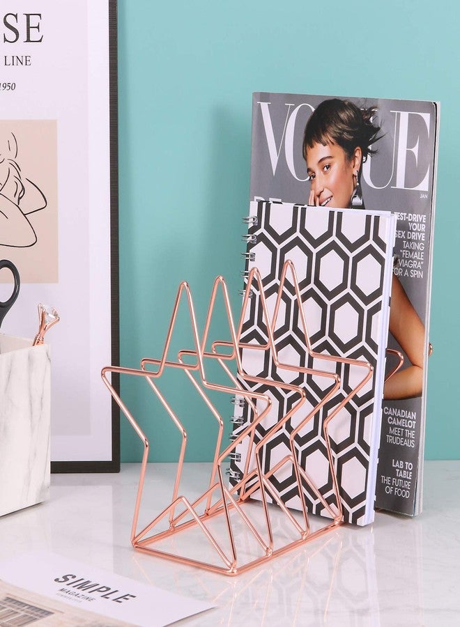 Simmer Stone Magazine Holder File Sorter, Metal 5 Slot Desk Organizer Rack for Document, Folder, Letter and Book, Rose Gold, Pentastar Shape - Image 4