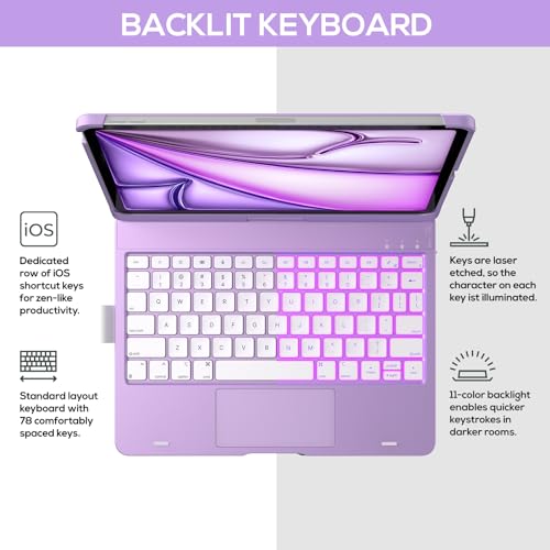 typecase Touch Keyboard Case with Trackpad for iPad Air 11-inch (M3 2025 / M2 2024): 360°Rotatable - 11 Colors Backlight - Wireless Keyboard with Pencil Holder for iPad Air 5th & 4th Gen,PurpleLilac - Image 4