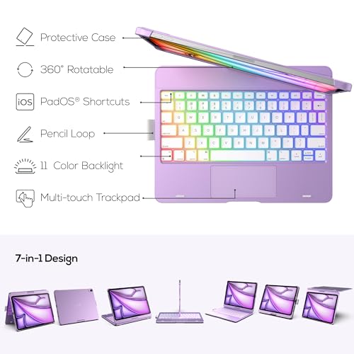 typecase Touch Keyboard Case with Trackpad for iPad Air 11-inch (M3 2025 / M2 2024): 360°Rotatable - 11 Colors Backlight - Wireless Keyboard with Pencil Holder for iPad Air 5th & 4th Gen,PurpleLilac - Image 3