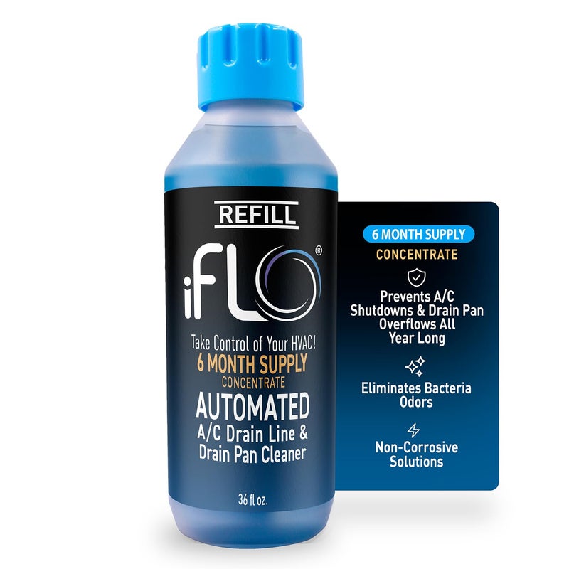iFLO® Smart A/C Drain Line Cleaner and Drain Pan Cleaner Cartridge Concentrate, Fast-Acting, Long-Lasting HVAC System Solution for Tough Clogs & Buildup, 6-Month Supply per Bottle, 1 Pack of 36oz - Image 1