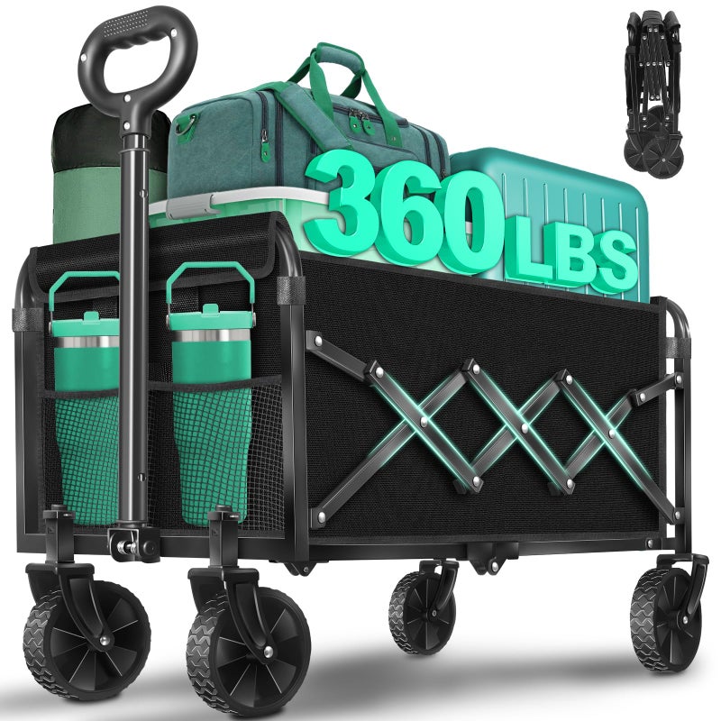 Kovryx Collapsible Wagon Cart with Wheels Foldable: 360LBS Heavy Duty Folding Utility Wagon - Portable All Terrain Grocery Wagon Cart for Groceries Shopping Outdoor Camping Fishing Sports - Image 1