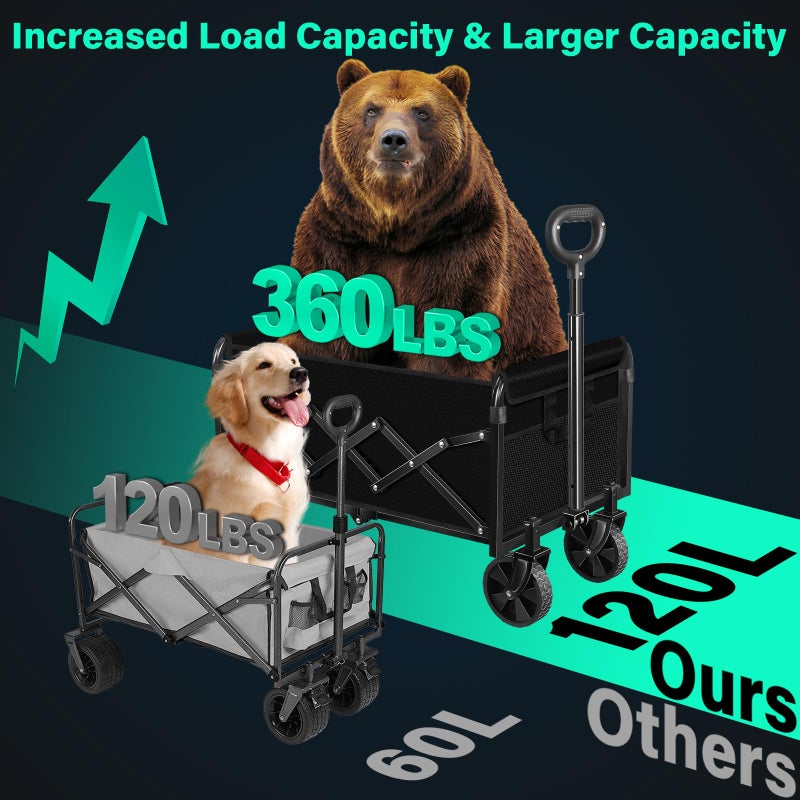 Kovryx Collapsible Wagon Cart with Wheels Foldable: 360LBS Heavy Duty Folding Utility Wagon - Portable All Terrain Grocery Wagon Cart for Groceries Shopping Outdoor Camping Fishing Sports - Image 5