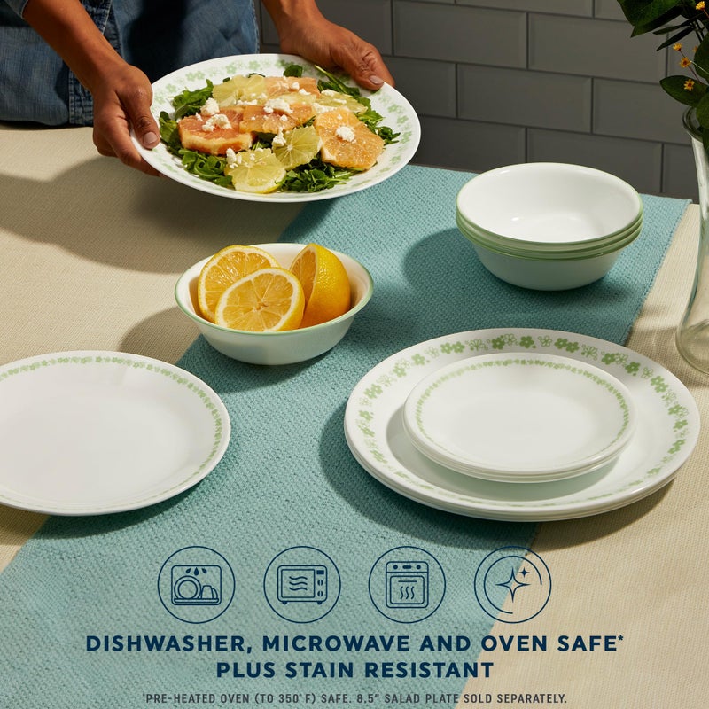 Corelle طقم أدوات المائدة الزجاجية كوريل فيتريل 18 قطعة خدمة لـ 6 أشخاص مقاوم للكسر والتشقق مع أطباق وأوعية ثلاثية الطبقات بلون زهرة الربيع الأخضر - Image 4