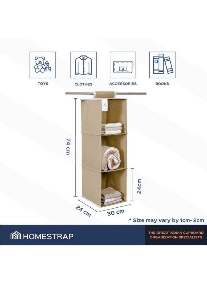 HomeStrap Homestrap Non Woven Hanging 3 Shelves Wardrobe/Closet Cloth Organizer (Beige)|(Pack of 2)(Shark Tank Product)  - Image 3