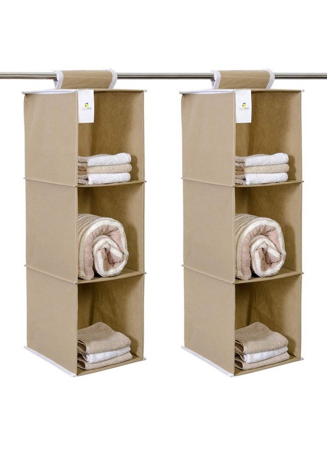 HomeStrap Homestrap Non Woven Hanging 3 Shelves Wardrobe/Closet Cloth Organizer (Beige)|(Pack of 2)(Shark Tank Product)  - Image 1