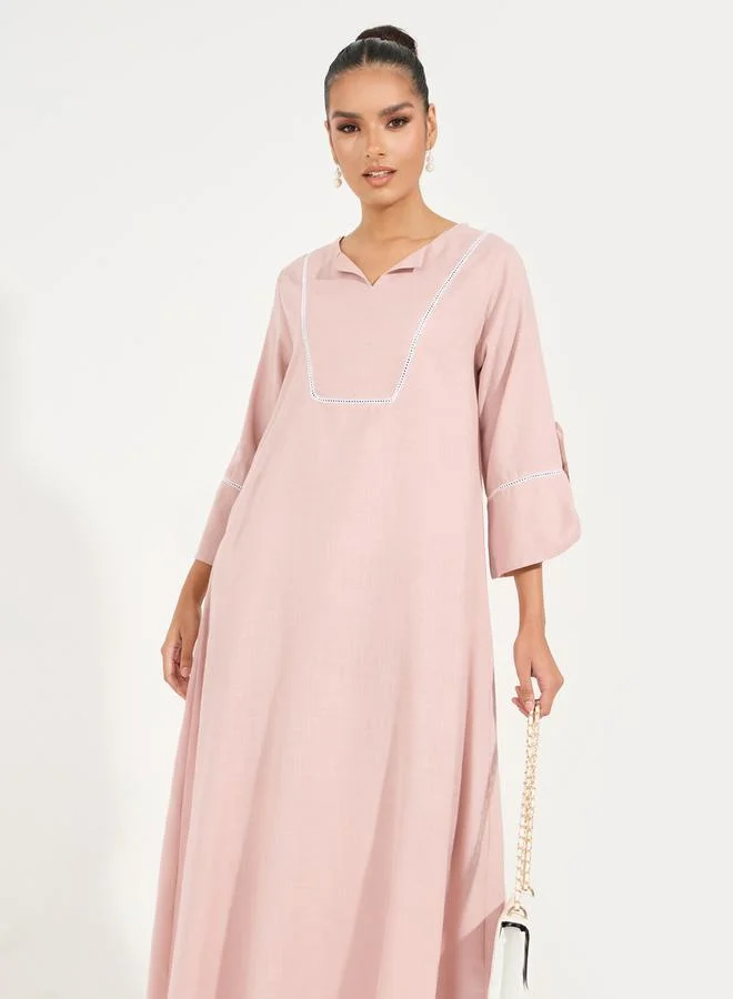 Styli Linen Look Jalabiya with Roll-Up Sleeves