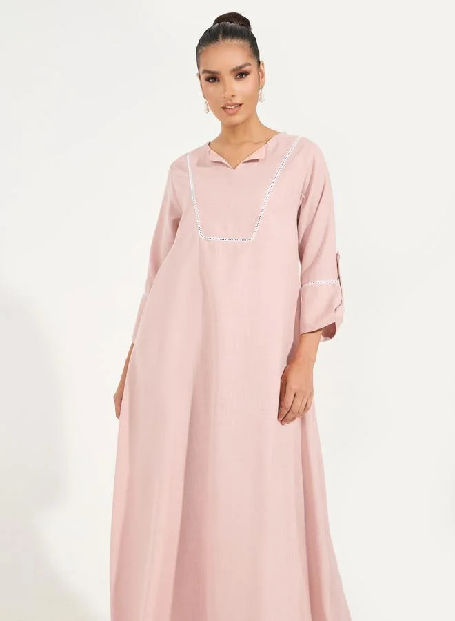 Styli Linen Look Jalabiya with Roll-Up Sleeves