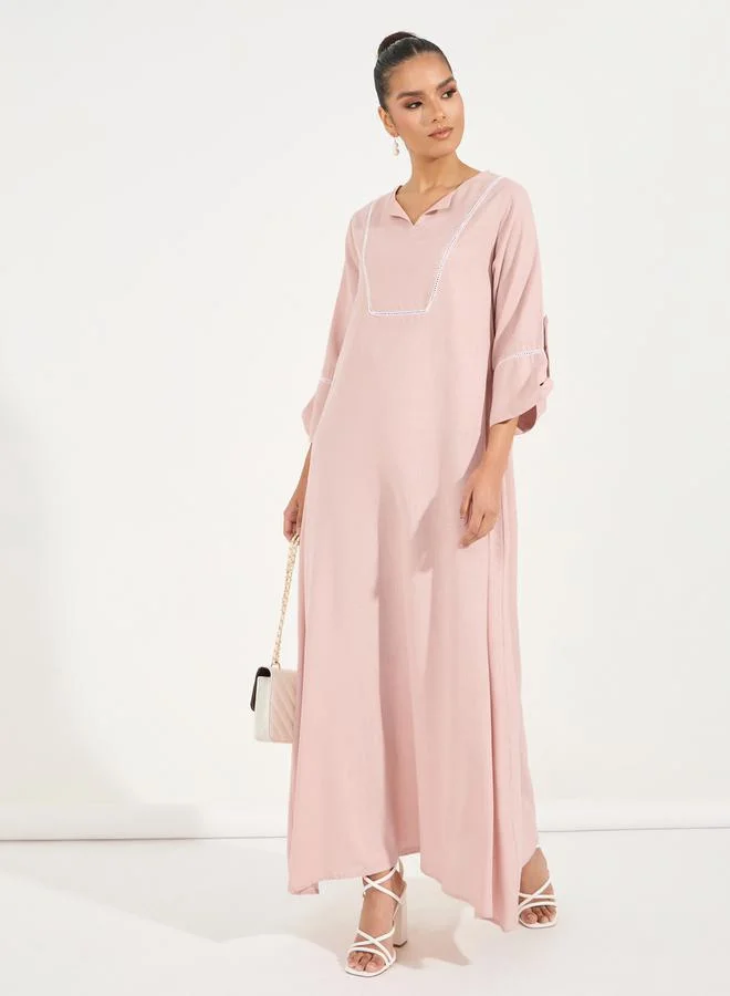 Styli Linen Look Jalabiya with Roll-Up Sleeves