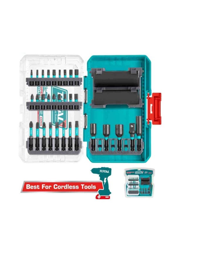 TOTAL Total 33-Piece Impact Screwdriver Bits and Sockets Set - High-Strength Cr-Mo Steel, 1/4" & 3/8" Conversion, Includes PH, PZ, SL, T, H, Magnetic Nuts & Sockets, 50mm & 25mm Screwdriver Bits for Home Repair, DIY & Professional Use" 