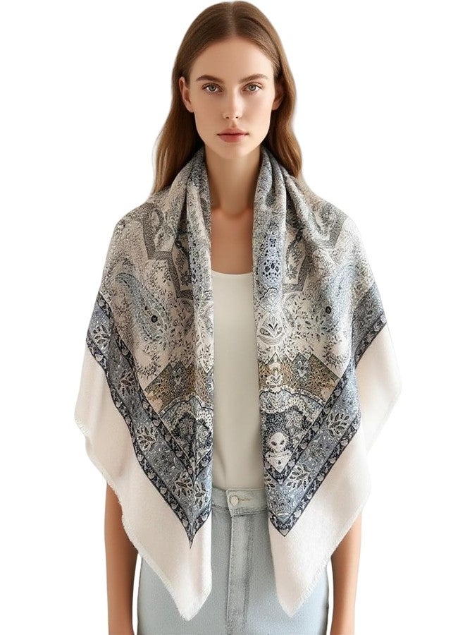 كي-اليوون وشاح مربع كبير من كي-إليون، 51 بوصة، مصنوع من القطن والكتان، وشاح أنيق، وشاح لربط الشعر، وشاح للرقبة للنساء (H2308) - Image 1