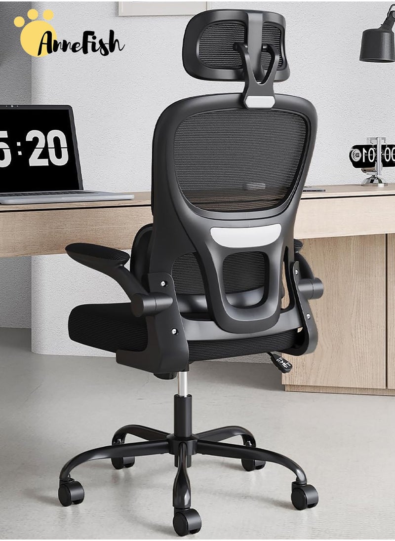 AnneFish - Ergonomic Home Office Desk Mesh Chair with Adjustable Lumbar Support High Back Executive Swivel Task Computer Chair with Flip-up Armrests Comfortable Headrest - Image 1