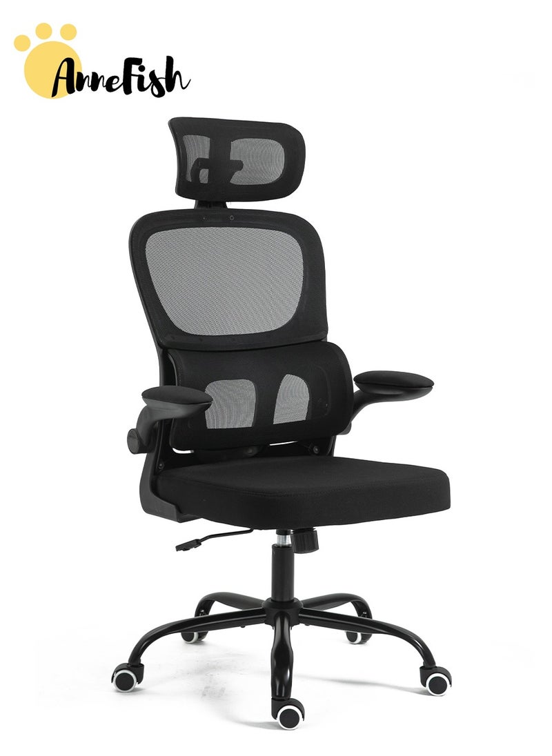 AnneFish - Ergonomic Home Office Desk Mesh Chair with Adjustable Lumbar Support High Back Executive Swivel Task Computer Chair with Flip-up Armrests Comfortable Headrest - Image 1