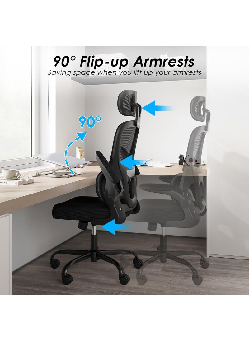 AnneFish - Ergonomic Home Office Desk Mesh Chair with Adjustable Lumbar Support High Back Executive Swivel Task Computer Chair with Flip-up Armrests Comfortable Headrest - Image 1